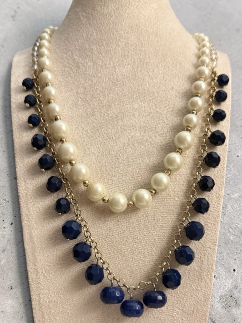 Talbots Multi-Strand Faux Pearl and Faceted Blue Bead Necklace 24"